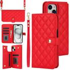 For iPhone 15 Plus Crossbody Multifunction Rhombic Leather Phone Case(Red) - 1