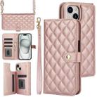 For iPhone 15 Plus Crossbody Multifunction Rhombic Leather Phone Case(Rose Gold) - 1