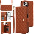 For iPhone 15 Plus Crossbody Multifunction Rhombic Leather Phone Case(Brown) - 1