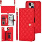 For iPhone 15 Crossbody Multifunction Rhombic Leather Phone Case(Red) - 1