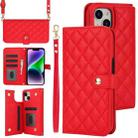 For iPhone 14 Plus Crossbody Multifunction Rhombic Leather Phone Case(Red) - 1