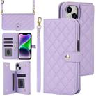 For iPhone 14 Plus Crossbody Multifunction Rhombic Leather Phone Case(Purple) - 1