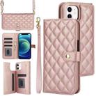 For iPhone 12 mini Crossbody Multifunction Rhombic Leather Phone Case(Rose Gold) - 1