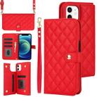 For iPhone 12 / 12 Pro Crossbody Multifunction Rhombic Leather Phone Case(Red) - 1