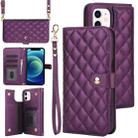 For iPhone 12 / 12 Pro Crossbody Multifunction Rhombic Leather Phone Case(Dark Purple) - 1
