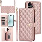 For iPhone 16 Plus Crossbody Multifunction Rhombic Leather Phone Case(Rose Gold) - 1