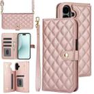For iPhone 16 Crossbody Multifunction Rhombic Leather Phone Case(Rose Gold) - 1