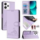 For Xiaomi Redmi Note 12R Cat Rat Embossed Pattern RFID Leather Phone Case with Lanyard(Purple) - 1