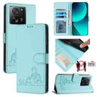 For Xiaomi 13T Pro 5G Global Cat Rat Embossed Pattern RFID Leather Phone Case with Lanyard(Mint Green) - 1