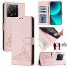 For Xiaomi 13T Pro 5G Global Cat Rat Embossed Pattern RFID Leather Phone Case with Lanyard(Pink) - 1