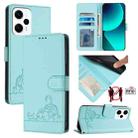 For Xiaomi Redmi Note 12T Pro Cat Rat Embossed Pattern RFID Leather Phone Case with Lanyard(Mint Green) - 1
