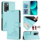 For Xiaomi Redmi 10 2022 Global Cat Rat Embossed Pattern RFID Leather Phone Case with Lanyard(Mint Green) - 1