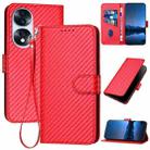 For Honor 70 YX0070 Carbon Fiber Buckle Leather Phone Case with Lanyard(Red) - 1