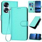 For Honor 70 YX0070 Carbon Fiber Buckle Leather Phone Case with Lanyard(Light Blue) - 1