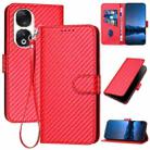 For Honor 90 YX0070 Carbon Fiber Buckle Leather Phone Case with Lanyard(Red) - 1
