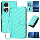 For Honor 90 YX0070 Carbon Fiber Buckle Leather Phone Case with Lanyard(Light Blue) - 1