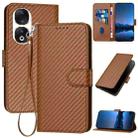 For Honor 90 YX0070 Carbon Fiber Buckle Leather Phone Case with Lanyard(Coffee) - 1