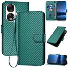 For Honor 90 YX0070 Carbon Fiber Buckle Leather Phone Case with Lanyard(Dark Green) - 1