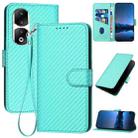 For Honor 90 Pro YX0070 Carbon Fiber Buckle Leather Phone Case with Lanyard(Light Blue) - 1