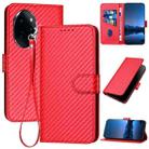 For Honor 100 Pro YX0070 Carbon Fiber Buckle Leather Phone Case with Lanyard(Red) - 1