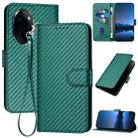 For Honor 100 Pro YX0070 Carbon Fiber Buckle Leather Phone Case with Lanyard(Dark Green) - 1