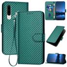 For Huawei P30 YX0070 Carbon Fiber Buckle Leather Phone Case with Lanyard(Dark Green) - 1