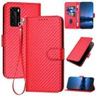 For Huawei P40 YX0070 Carbon Fiber Buckle Leather Phone Case with Lanyard(Red) - 1
