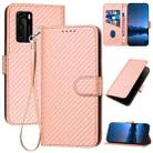 For Huawei P40 YX0070 Carbon Fiber Buckle Leather Phone Case with Lanyard(Pink) - 1