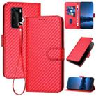 For Huawei P40 Pro YX0070 Carbon Fiber Buckle Leather Phone Case with Lanyard(Red) - 1