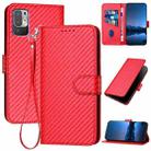 For Xiaomi Redmi Note 10 JE YX0070 Carbon Fiber Buckle Leather Phone Case with Lanyard(Red) - 1