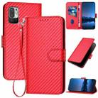 For Xiaomi Redmi 10 YX0070 Carbon Fiber Buckle Leather Phone Case with Lanyard(Red) - 1