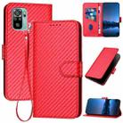 Xiaomi Redmi Note 10 4G Global/Note 10S YX0070 Carbon Fiber Buckle Leather Phone Case with Lanyard(Red) - 1