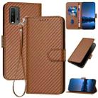 For Xiaomi Redmi 9T YX0070 Carbon Fiber Buckle Leather Phone Case with Lanyard(Coffee) - 1