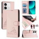 For Xiaomi Redmi Note 13 5G Global Cat Rat Embossed Pattern RFID Leather Phone Case with Lanyard(Pink) - 1