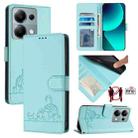For Xiaomi Redmi Note 13 Pro 4G Global Cat Rat Embossed Pattern RFID Leather Phone Case with Lanyard(Mint Green) - 1