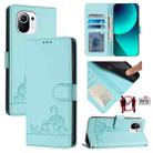 For Xiaomi Mi 11 Cat Rat Embossed Pattern RFID Leather Phone Case with Lanyard(Mint Green) - 1