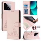 For Xiaomi 14 5G Cat Rat Embossed Pattern RFID Leather Phone Case with Lanyard(Pink) - 1