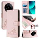 For Xiaomi 14 Ultra 5G Global Cat Rat Embossed Pattern RFID Leather Phone Case with Lanyard(Pink) - 1
