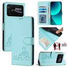 For Xiaomi POCO C40 / Redmi 10C Cat Rat Embossed Pattern RFID Leather Phone Case with Lanyard(Mint Green) - 1