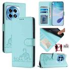 For OnePlus 12R 5G Global Cat Rat Embossed Pattern RFID Leather Phone Case with Lanyard(Mint Green) - 1