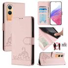 For OnePlus Nord CE4 Lite Cat Rat Embossed Pattern RFID Leather Phone Case with Lanyard(Pink) - 1