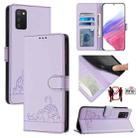 For Samsung Galaxy A03s 165.8mm US Version Cat Rat Embossed Pattern RFID Leather Phone Case with Lanyard(Purple) - 1