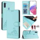 For Samsung Galaxy A11 EU Version Cat Rat Embossed Pattern RFID Leather Phone Case with Lanyard(Mint Green) - 1