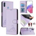 For Samsung Galaxy A11 EU Version Cat Rat Embossed Pattern RFID Leather Phone Case with Lanyard(Purple) - 1