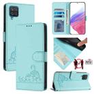 For Samsung Galaxy A12/M12 Cat Rat Embossed Pattern RFID Leather Phone Case with Lanyard(Mint Green) - 1