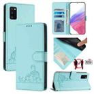 For Samsung Galaxy A41 EU Version Cat Rat Embossed Pattern RFID Leather Phone Case with Lanyard(Mint Green) - 1