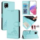 For Samsung Galaxy A42 5G/M42 Cat Rat Embossed Pattern RFID Leather Phone Case with Lanyard(Mint Green) - 1