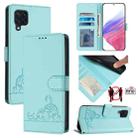 For Samsung Galaxy M32 4G Global/M22 Cat Rat Embossed Pattern RFID Leather Phone Case with Lanyard(Mint Green) - 1