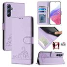 For Samsung Galaxy M54 5G Global/F54 5G Cat Rat Embossed Pattern RFID Leather Phone Case with Lanyard(Purple) - 1