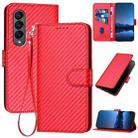 For Samsung Galaxy Z Fold4 5G YX0070 Carbon Fiber Buckle Leather Phone Case with Lanyard(Red) - 1